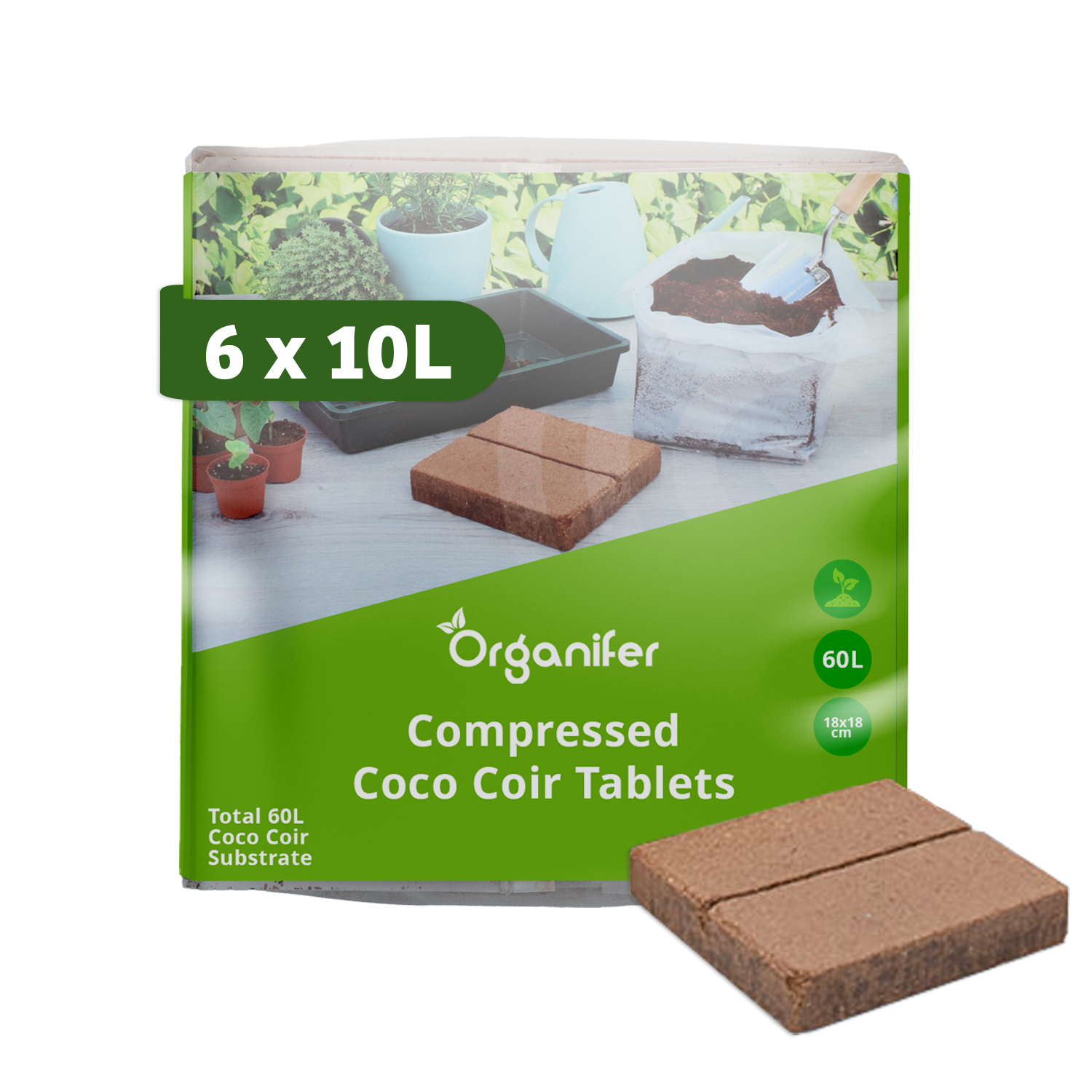 8719958991408 Compressed Coco Coir Tablets in 10-Liter Bags - 6-Pack - 60 Liters label