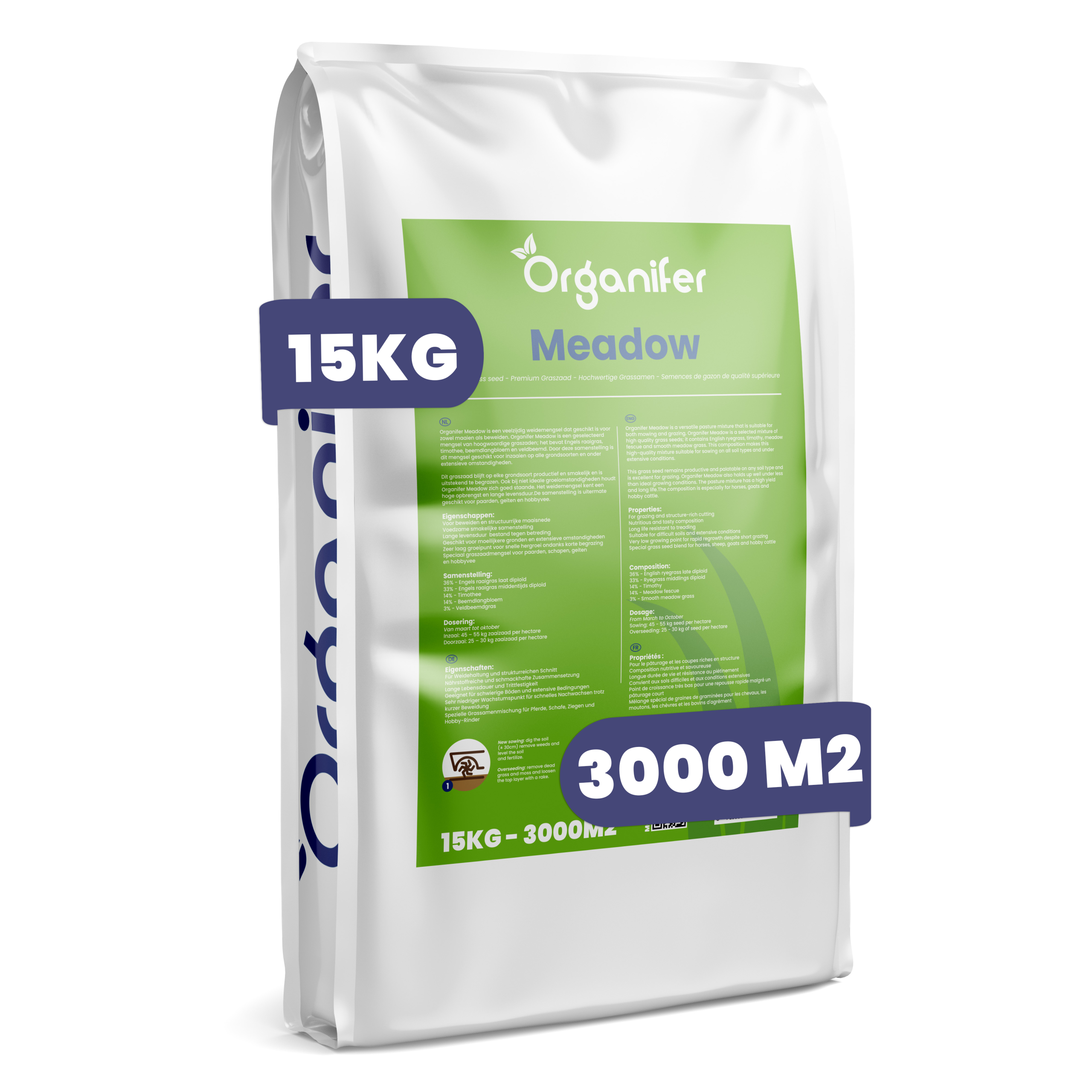 8719958997479 Organifer Meadow 15kg - 3000m2 Premium Grass Seed Labels
