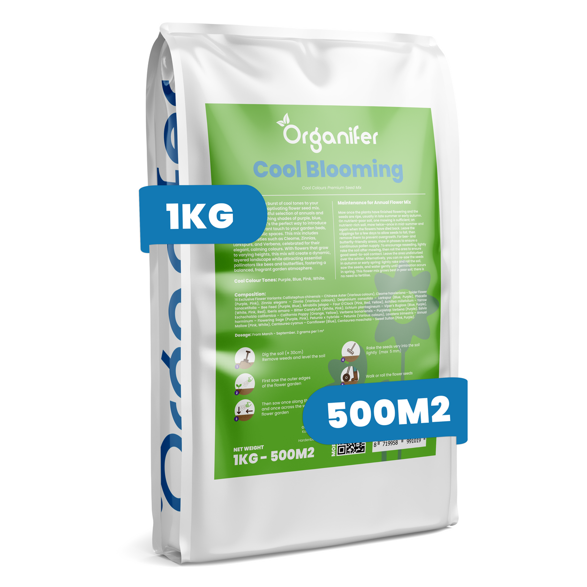 A 1kg bag of Organifer Cool Blooming seed mix, shown against a plain white background. The white bag features a large green label with product details and is overlaid with blue graphic badges indicating '1KG' and '500M2'.