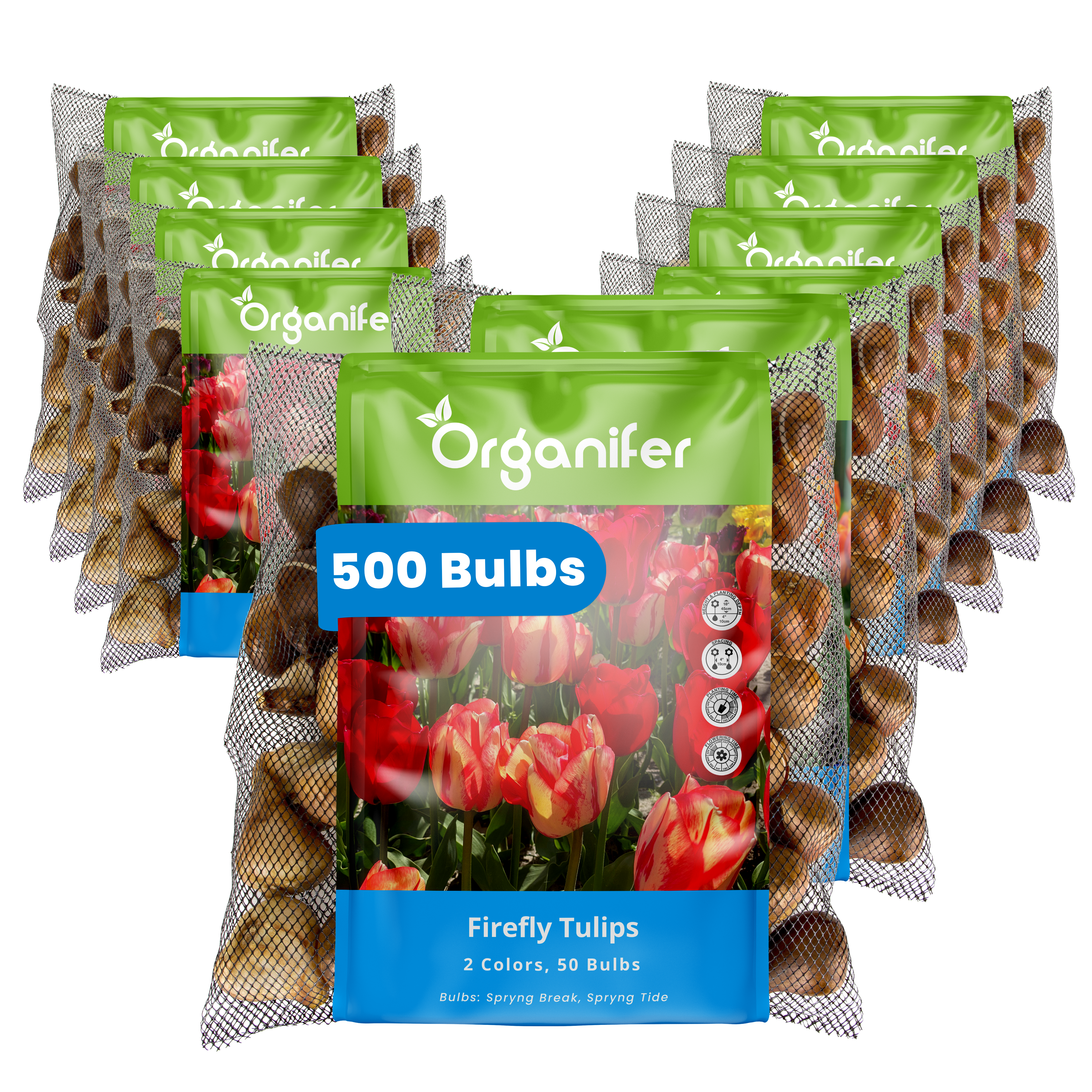Multiple packages of Organifer Firefly Tulips bulbs on a white background