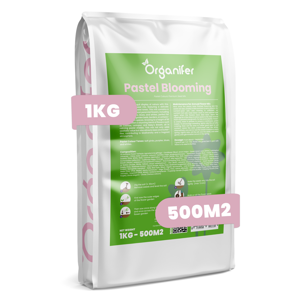 A 1kg bag of Organifer Pastel Blooming powder, featuring a white bag with a large green label and pink promotional badges indicating '1KG' and '500M2'.