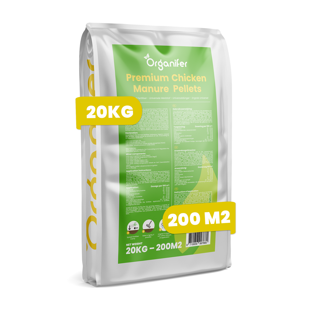 8719958997660 Chicken Manure Pellets (20 kg – voor 200 m2) Labels