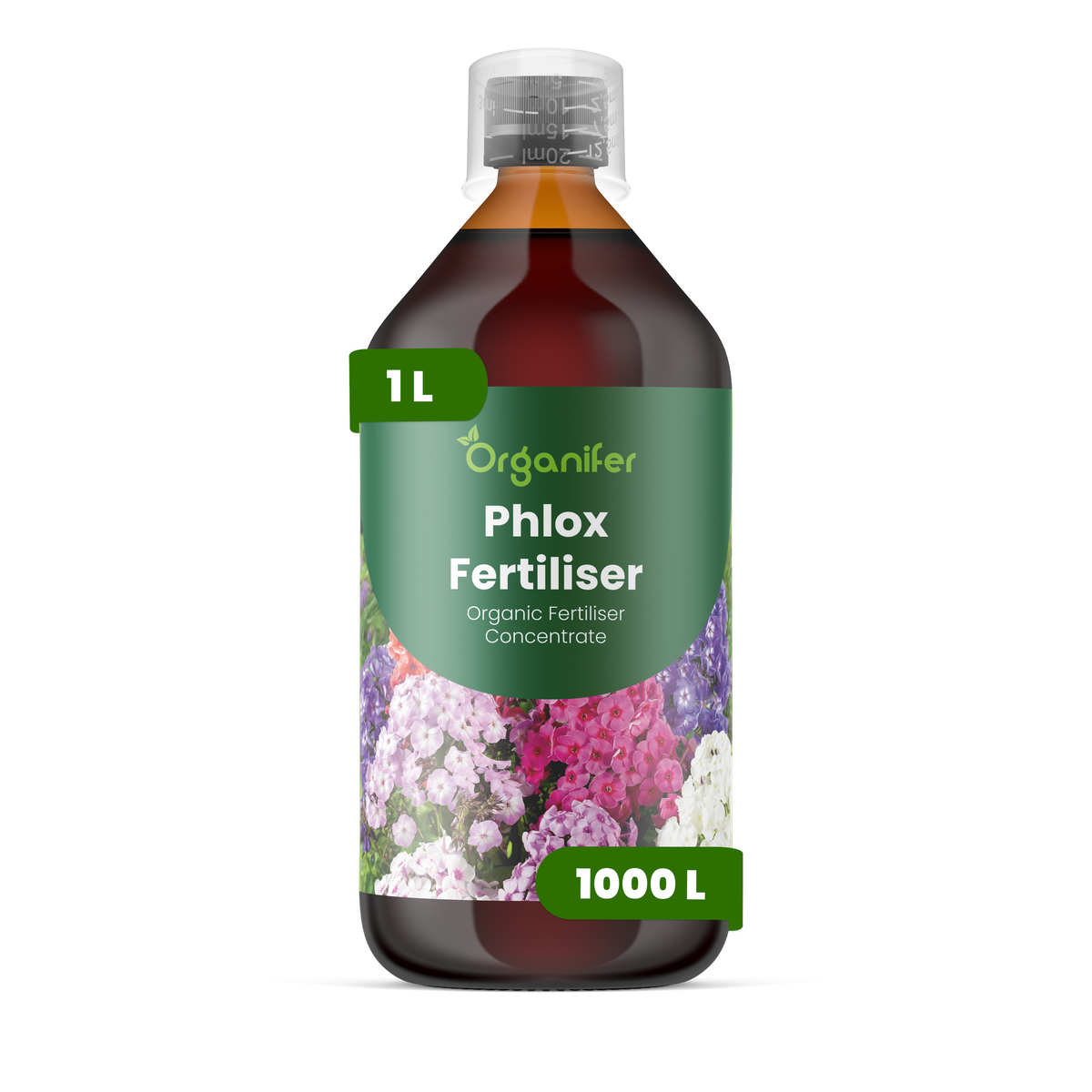 Bottle of Organifer Phlox Fertiliser on a white background