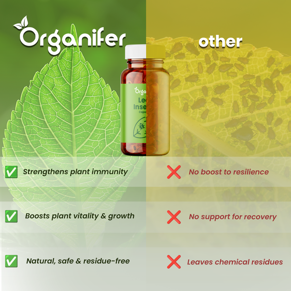 Organifer plant insect booster bottle shown on a split green and yellow background with text comparing it to 'other' products, listing benefits like strengthened plant immunity and boosted plant vitality.
