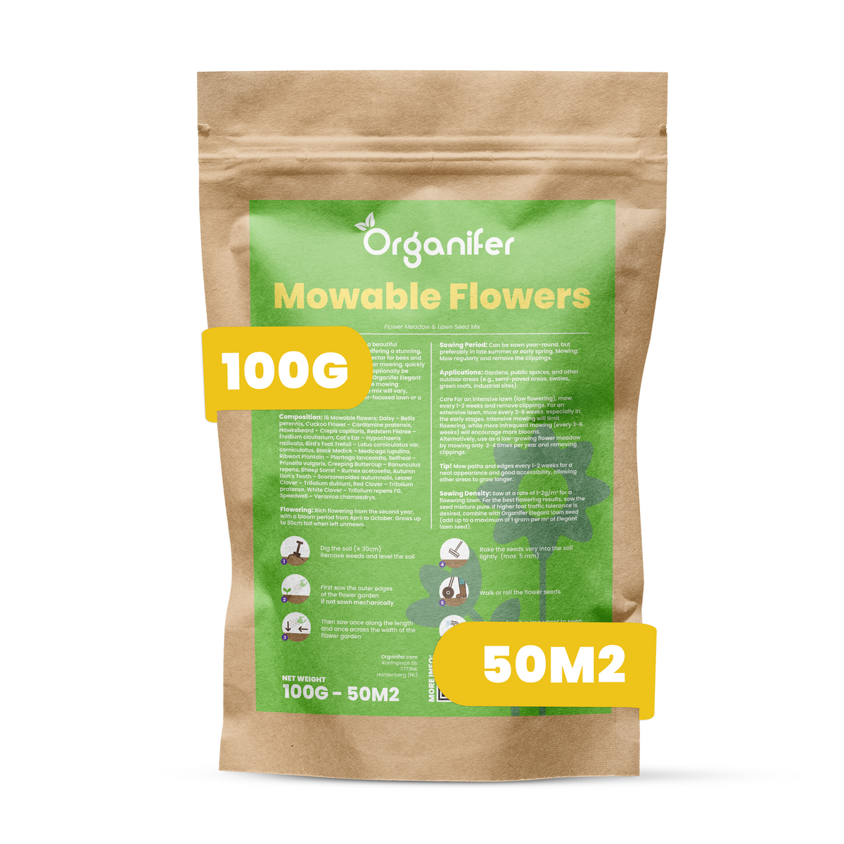A stand-up kraft paper pouch labeled 'Organifer Movable Flowers' with a large green front panel and yellow callout badges reading '100G' and '50M2'. The product is shown on a plain white background.
