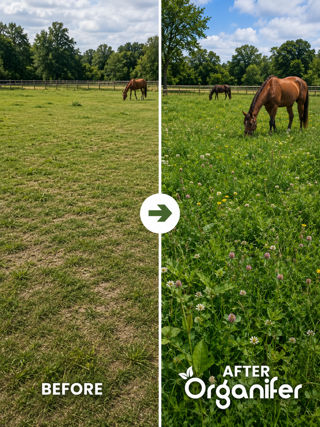 Split-screen comparison of a horse pasture before and after using Organifer. The left side labeled 'BEFORE' shows a dry, brown patchy lawn with horses in the distance.