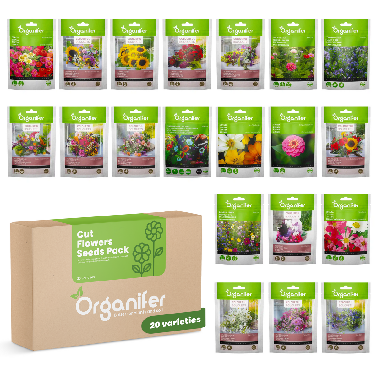 Organifer cut flowers seeds pack with various seed packets displayed.