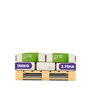 Ten bags of Frost-Killed Cover Crop Mix stacked on a wooden pallet, with purple labels showing 150KG and 3.75HA.