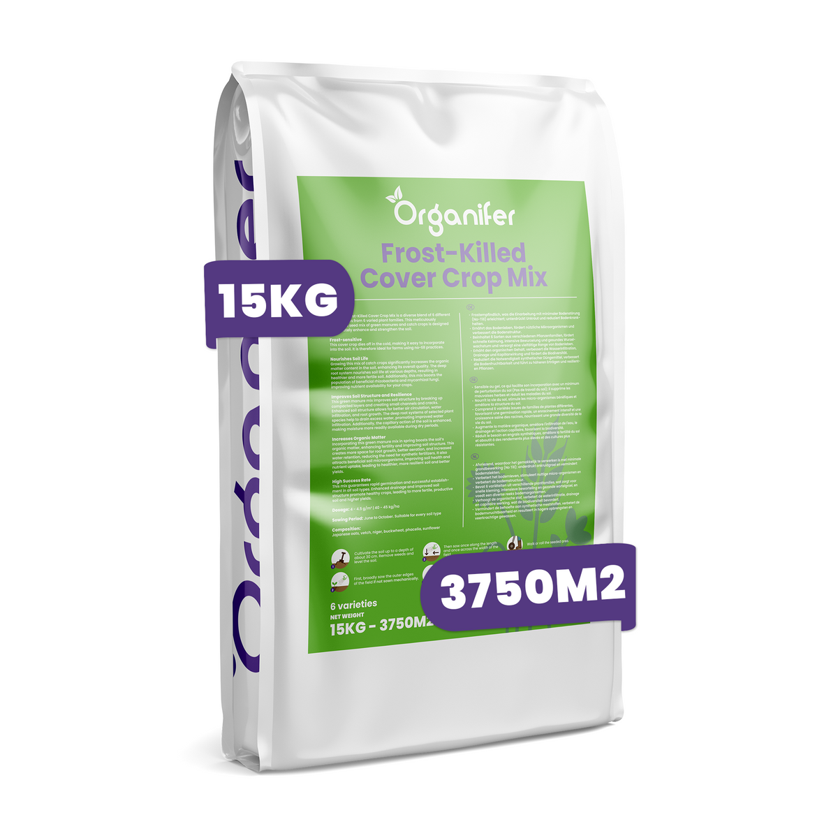 A 15kg bag of Organifer Frost-Killed Cover Crop Mix, 3750M2, shown on a clean white background with purple promotional text overlays.