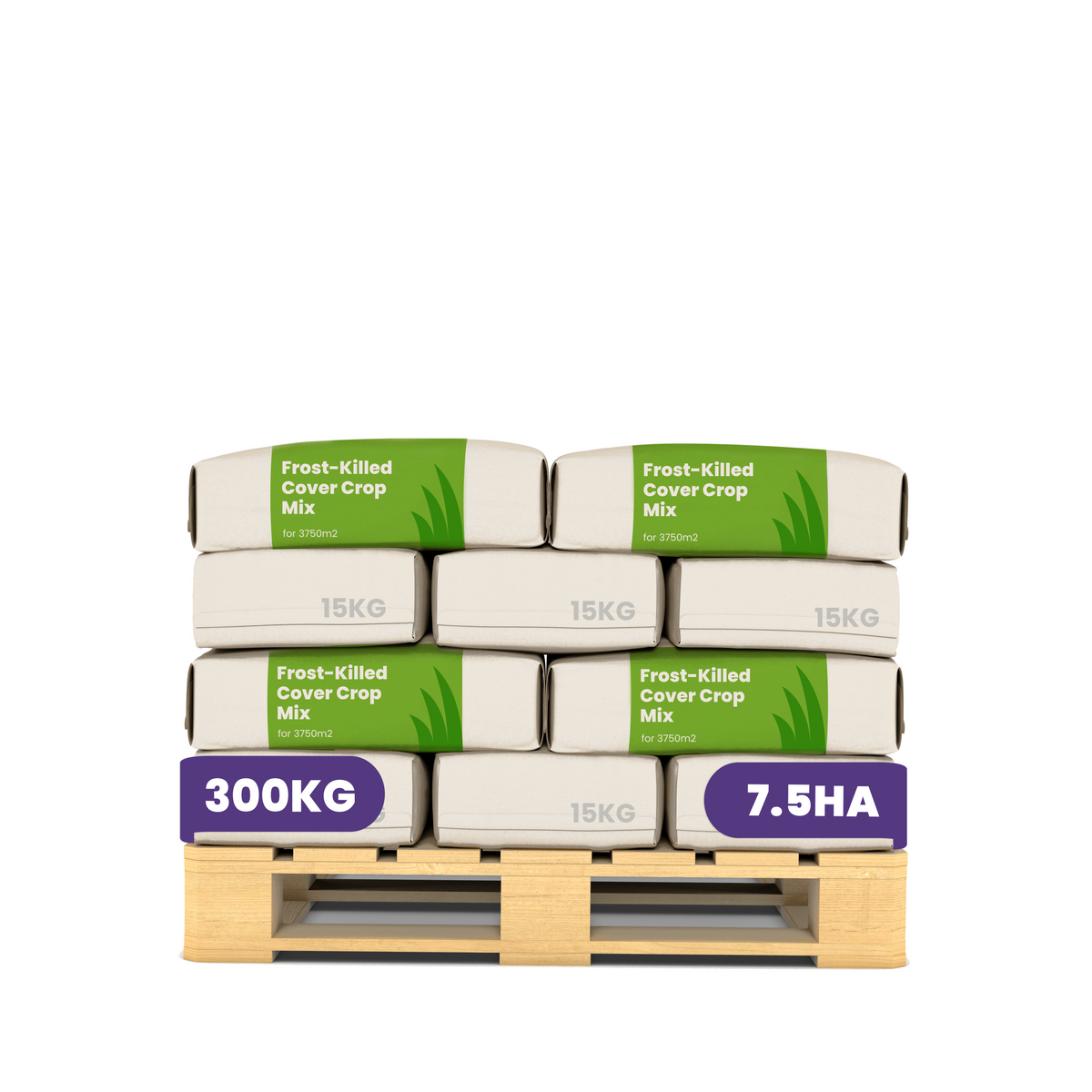 A stack of eight bags of Frost-Killed Cover Crop Mix on a wooden pallet, with two purple labels showing '300KG' and '7.5HA'.