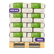 A stacked pallet load of 15kg bags of Frost-Killed Cover Crop Mix, with purple promotional badges indicating 600 KG and 15HA, on a white background.