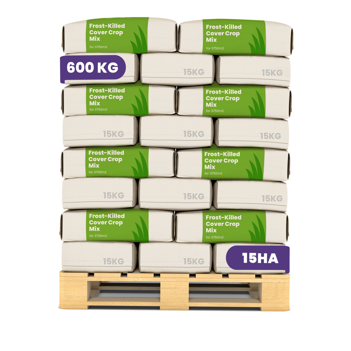 A stacked pallet load of 15kg bags of Frost-Killed Cover Crop Mix, with purple promotional badges indicating 600 KG and 15HA, on a white background.